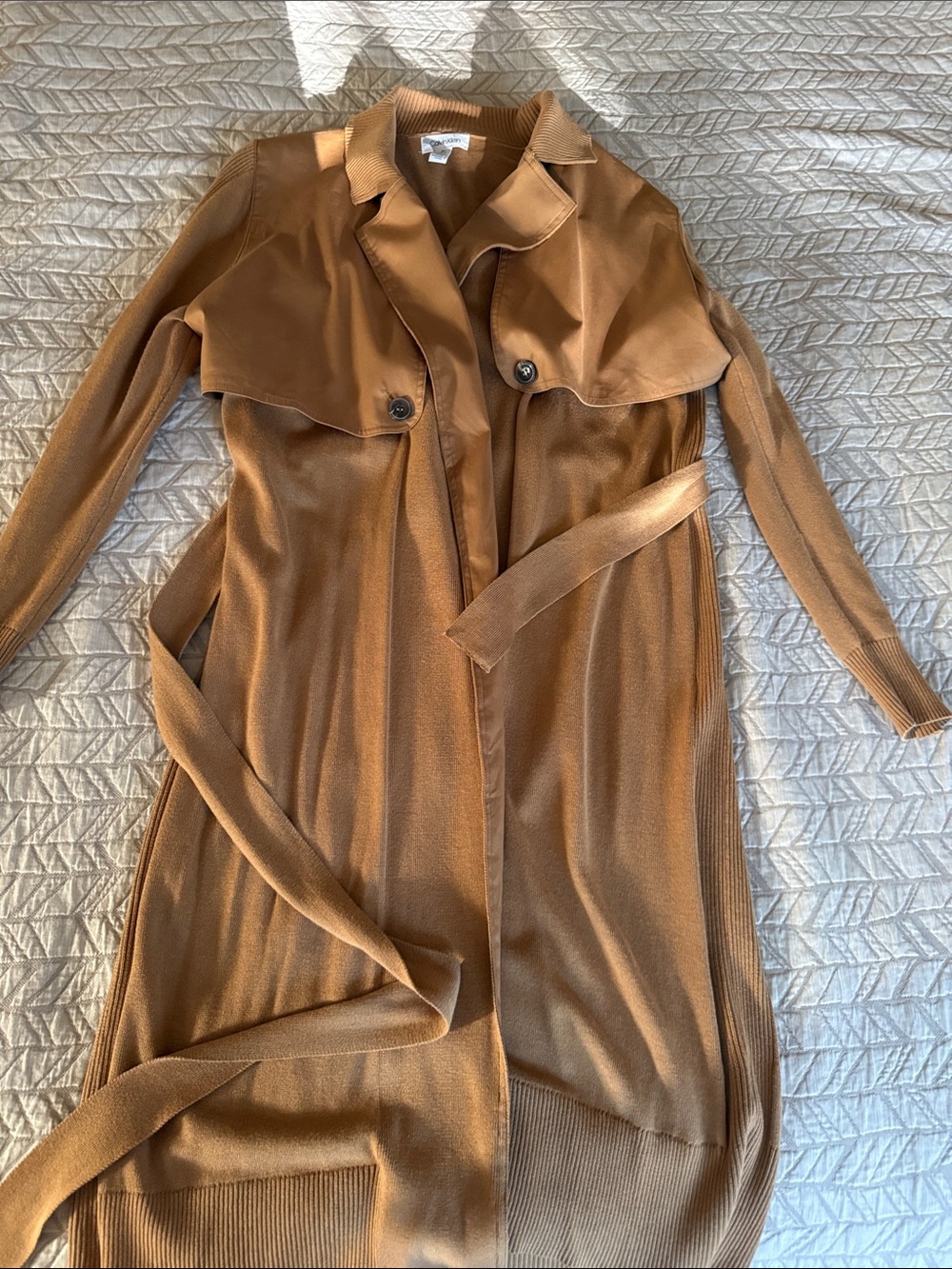 Calvin Klein Camel Trench-Style Long Belted Coatigan